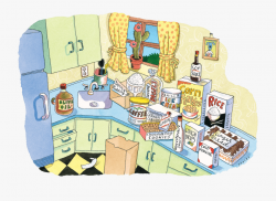 Kitchen Scene With Many Grocery Products - Illustration ...