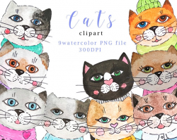 Watercolor Cat Clipart, Kitten ClipArt,Cute Cats Illustration, Animal  Digital PNG, Watercolor Animal, Watercolor Clipart