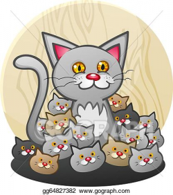 Vector Illustration - Mother cat with a litter of kittens ...