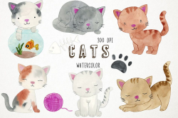 Watercolor Cats Clipart, Cats Clip Art, Kitten Clipart