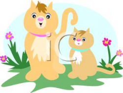 A Colorful Cartoon of a Whimsical Mother Cat and Kitten ...