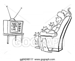 Drawing - Woman and kittens watch soap opera together ...