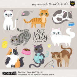 Cat Clip Art Cute Cat Clipart Kitten Kitty Clipart Cat Graphic Illustration  White Black Orange Grey Cat Digital Sticker Clipart Clip Art