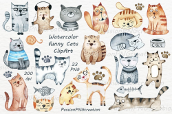 Watercolor Cats Clipart, Domestic Animals, Instant Download, digital png  animal, Watercolor Cute Kitties, for Personal and Commercial Use