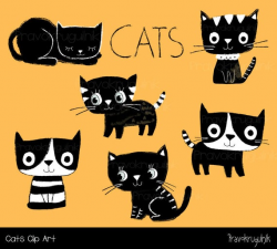 Cute cat clipart, Black and white cat clip art, Kawaii kitty clipart,  Cartoon planner pet clipart, Scrapbooking kitten, Animal clipart set