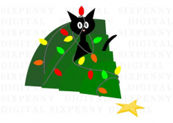 Black cat funny christmas card, cat in tree holiday card, mischievous  kitty, holiday card clipart, funny christmas clipart