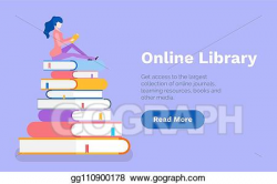 Vector Stock - Online library woman reading books on pile ...