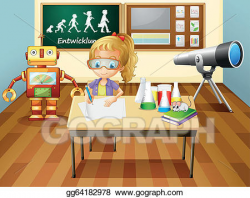 Vector Art - A girl writing inside a science laboratory room ...