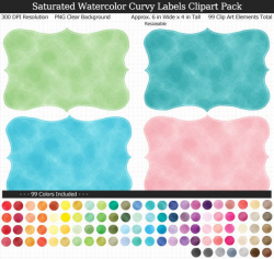 Saturated Watercolor Curvy Labels Clipart Pack - 99 Colors, Scrapbook,  Party Food Labels, School Binder, Teacher, Book Label, Gift Tag, CUOK