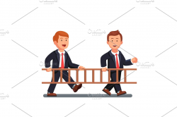 Two business man carrying wooden ladder together