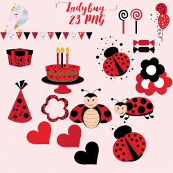 Ladybug clipart, cute ladybugs set, red frame png, birthday cake, party  balloons, colorful banner, cute insects, digital bug graphics, scrap