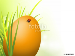 Easter background, ladybug on yellow Easter egg