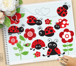 Ladybug Garden Clipart, Red ladybugs, ladybirds, flowers, spring garden,  gardening clipart, commercial use, vector clipart, SVG Files