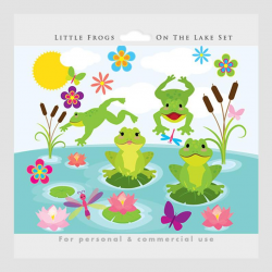 Frogs clipart - cute frogs clip art, whimsical, lilies, lake, water,  dragonflies, flowers, froggies, frog for personal and commercial use