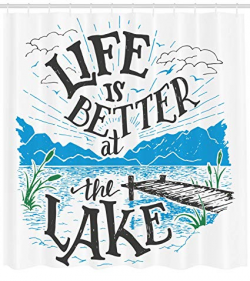 Ambesonne Cabin Decor Shower Curtain by, Life is Better at the Lake Wooden  Pier Plants Mountains Outdoors Sketch, Fabric Bathroom Decor Set with ...