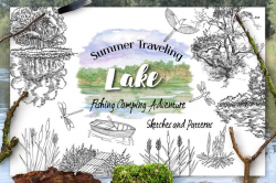 Fishing Clipart Lake, Watercolor Sketches, landscape, nature, tourism,  camping, travel, fishing, lake, boat, digital clip art, summer, tree,