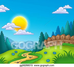 Clipart - Country landscape with sun. Stock Illustration ...