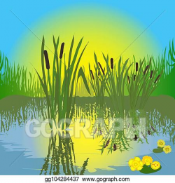 Vector Art - Landscape with pond, grass, bulrush, candock ...