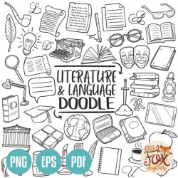 VECTOR EPS LITERATURE and Language Subject School. Learn Doodle Icons  Clipart Scrapbook. Hand Drawn Line Art Design Clip Art Coloring Sketch