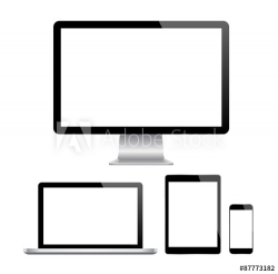 Modern monitor, computer, laptop, phone, tablet on a white ...