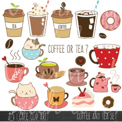 Coffee and Tea Clipart/ Donut and Latte clipart/Baking clipart/ hand drawn  digital illustrations/instant download png/ cute cat Clipart