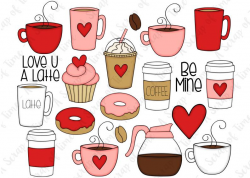 Valentine Coffee Hand Drawn Digital Clipart - Set of 20 - Latte,  Valentine's Day, Cupcake, Heart - Instant Download - Item #9177