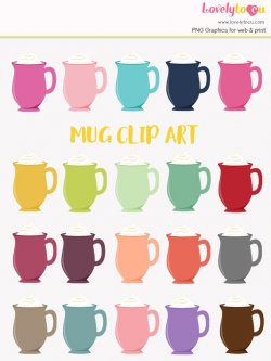 Coffee mug clipart, whipped cream topping, hot chocolate, latte, coffee  break, hot drink, 20 color set, commercial use digital png (LC37)