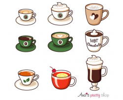 Hot drinks clipart, cups clipart, espresso, american coffee, cappuccino,  latte, hot chocolate, hot milk, tea, irish coffee, punch cocktail