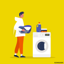 Young male character holding a laundry basket. Laundromat ...