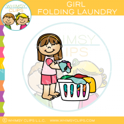 Girl Putting Laundry in Basket Clip Art
