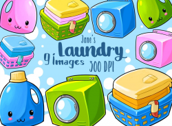 Kawaii Laundry Clipart - Household Chores Download - Kawaii Design Download  - Detergent, Dryer, and Baskets