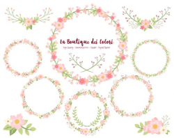 Pink Flower Wreath Clipart, Cute Scrapbook PNG, Laurel Wedding Invitation  graphics, floral vector wreaths Clip art Commercial Use