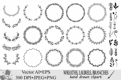 Wreaths Clipart, Hand drawn black design elements, Digital wreath, laurels,  leaves and branches, Wedding clipart, Vector