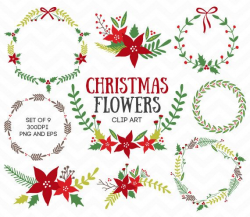 Christmas Flowers Wreaths Laurel Clipart Foliage Floral Red ...
