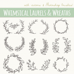 Whimsical Laurels & Wreaths Clip Art // Photoshop Brushes PNG Files // Hand  Drawn Vector Flowers Blossoms Foliage Berries // Commercial Use