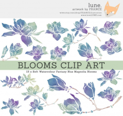 3 FOR 2. Magnolia Flower Clip Art in Fantasy Blue. Watercolor Floral  Clipart. Wedding Craft Scrapbook. Branches, Petals, Purple. Silhouette.