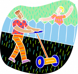 Neighbor Waves to Man Cutting Lawn - Vector Image