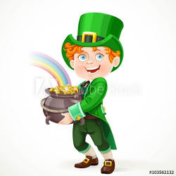 Cute boy in a Leprechaun suit with pot full of gold isolated ...