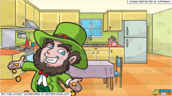 A Jolly Leprechaun Dropping Gold Coins and A Family Kitchen With A Dining  Table And Two Chairs Background