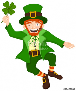 Vector illustration of a jumping, smiling cartoon leprechaun ...