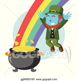 Vector Art - Blue leprechaun jump to pot of gold and rainbow ...