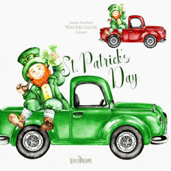 St. Patricks Day Watercolor Clipart, Leprechaun, Irish, Ireland, Truck,  Vintage Pickup, Saint Patricks, Shamrock, Green, Pattie's Day Images