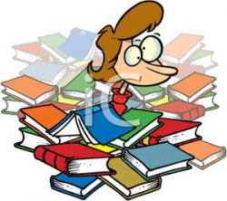 Clip Art Image: A Confused Girl In a Pile of Library Books