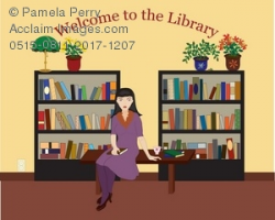 Clip Art Illustration of a Librarian Sitting on a Desk