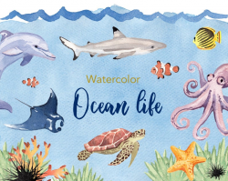 WATERCOLOR CLIPART, ocean life clipart, watercolour clipart set, commercial  use, png files, dolphin clip art, sea, png, digital, nursery