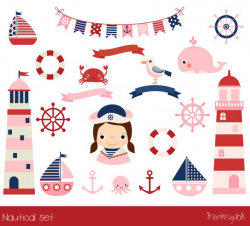 Pink nautical clipart, Lighthouse clip art baby shower, Cute girl sailing  party sailor clipart, Ocean sailboat clipart, whale, helm, bunting