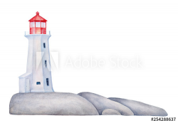 Maritime lighthouse tower on rock stones island. Hand ...