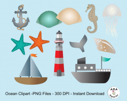 Ocean clipart, Ocean vector clip art, Shell, Starfish, Sea horse, Boat,  Ship, Lighthouse Vector graphic, Digital clipart, Commercial Use