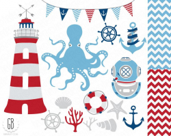 Nautical vector clip art, lighthouse, octopus, coral, starfish, diving  helmet, anchor, ship’s wheel, blue, party stationery, baby shower