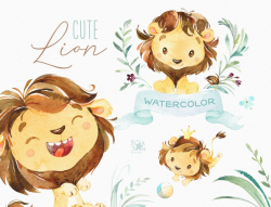 Cute Lion. Watercolor little animal clipart, cub, boy, kid, baby, banner,  wreath, birthday, bowtie, dream, greeting, baby-born, baby-shower